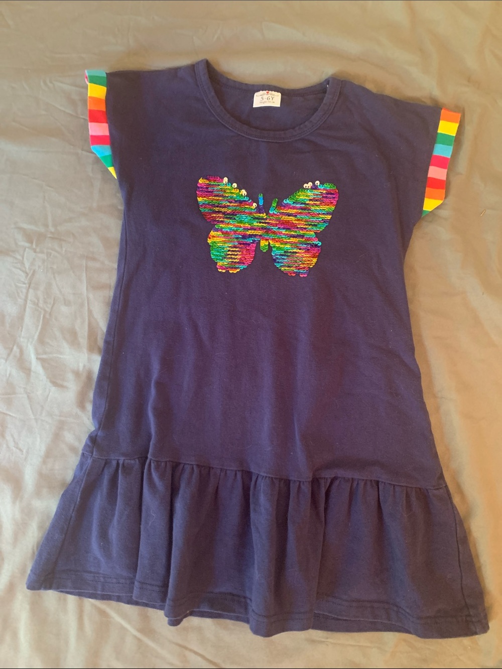 Navy Girls Dress with Rainbow Sequin Butterfly